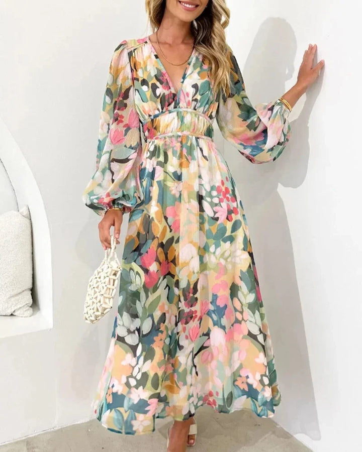 Long Floral Dress with V Neck and Long Sleeves