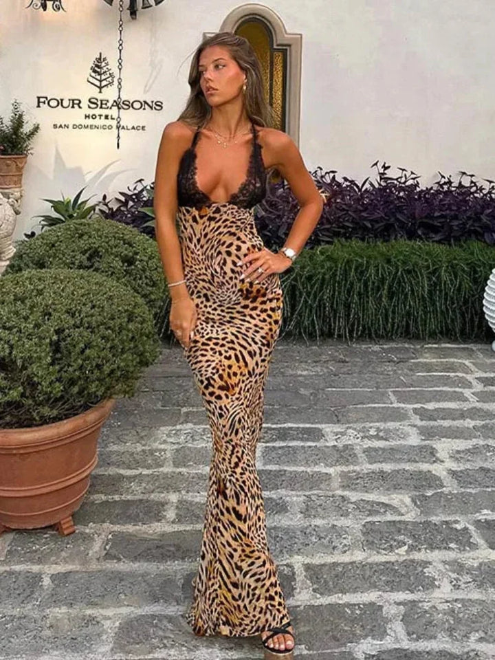 Maxi Dress Sleeveless Leopard Print Plunging Neckline for Women