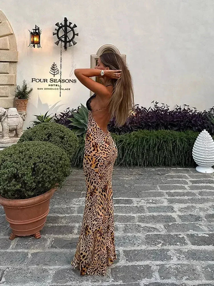 Maxi Dress Sleeveless Leopard Print Plunging Neckline for Women