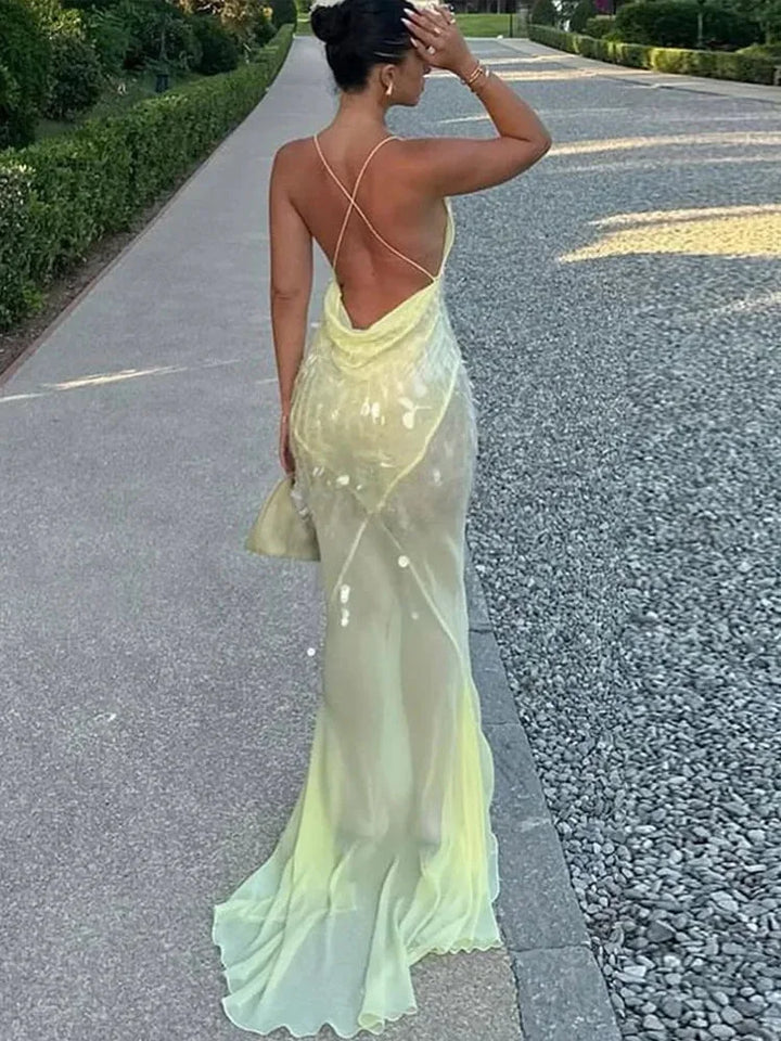 Long Sequin Dress Cross Back V Neck for Women