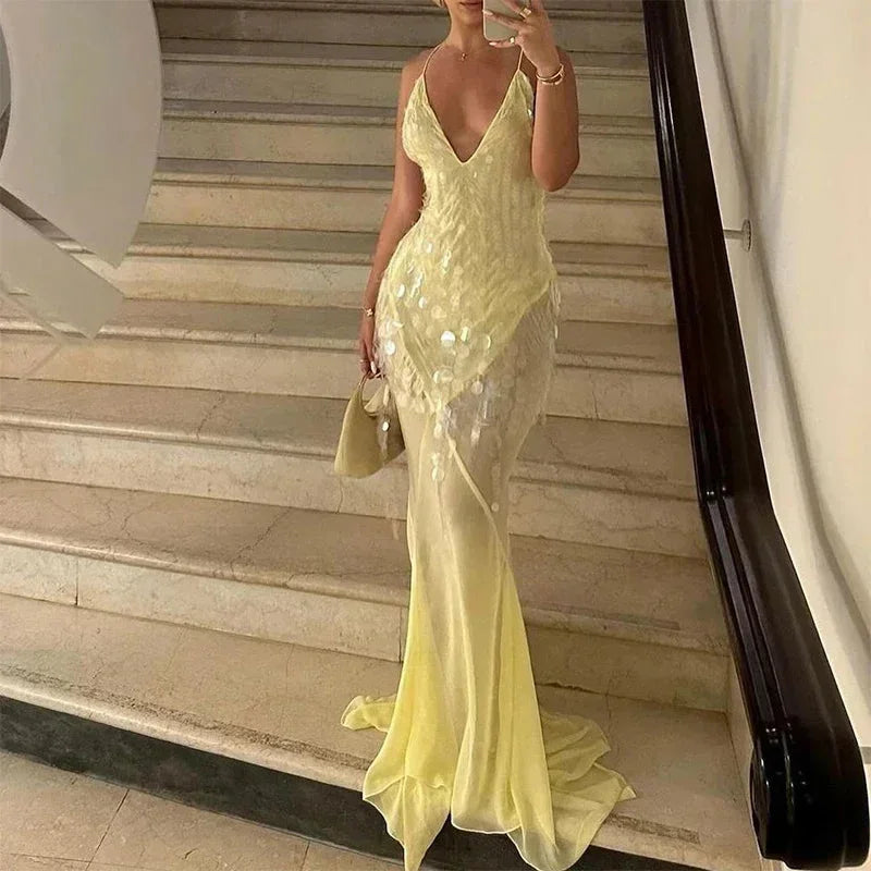 Long Sequin Dress Cross Back V Neck for Women