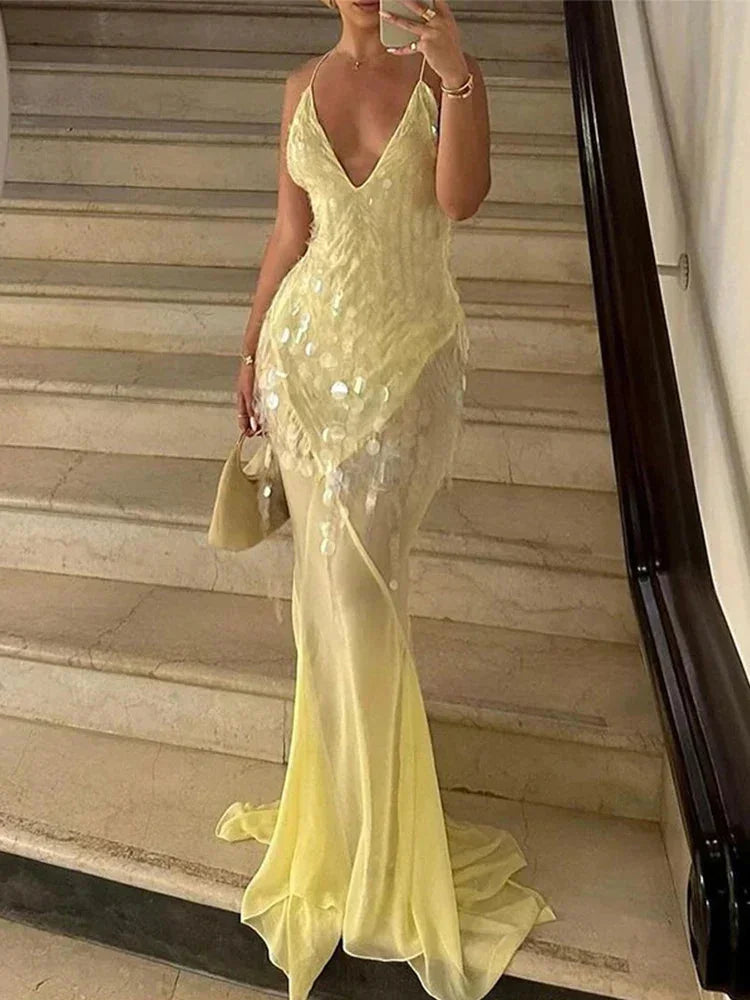 Long Sequin Dress Cross Back V Neck for Women