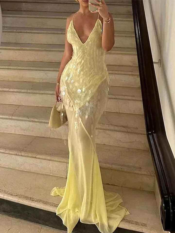Long Sequin Dress Cross Back V Neck for Women