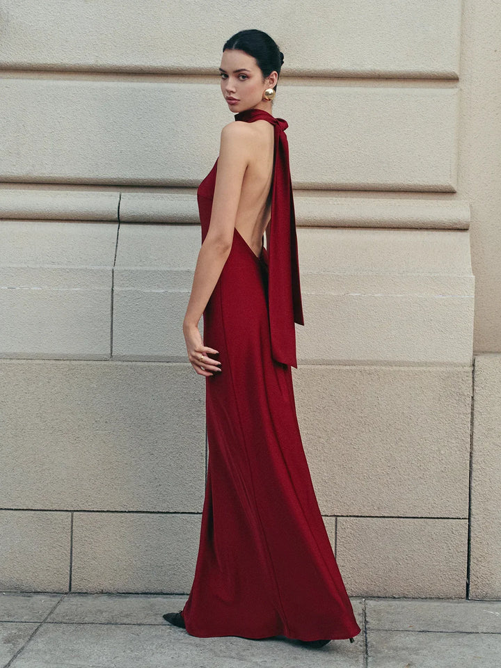 Long Backless Dress with Trailing Bow for Women
