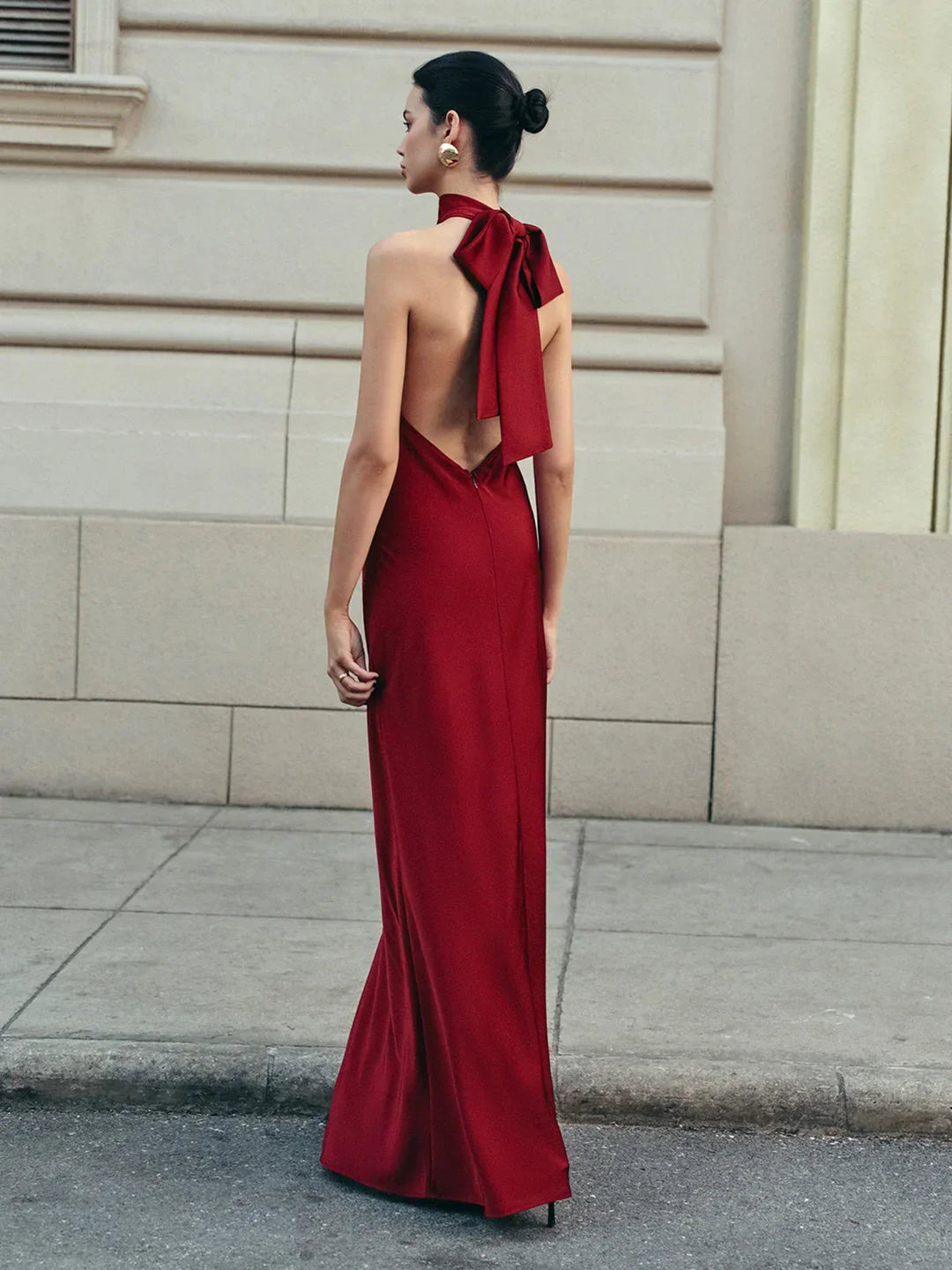 Long Backless Dress with Trailing Bow for Women
