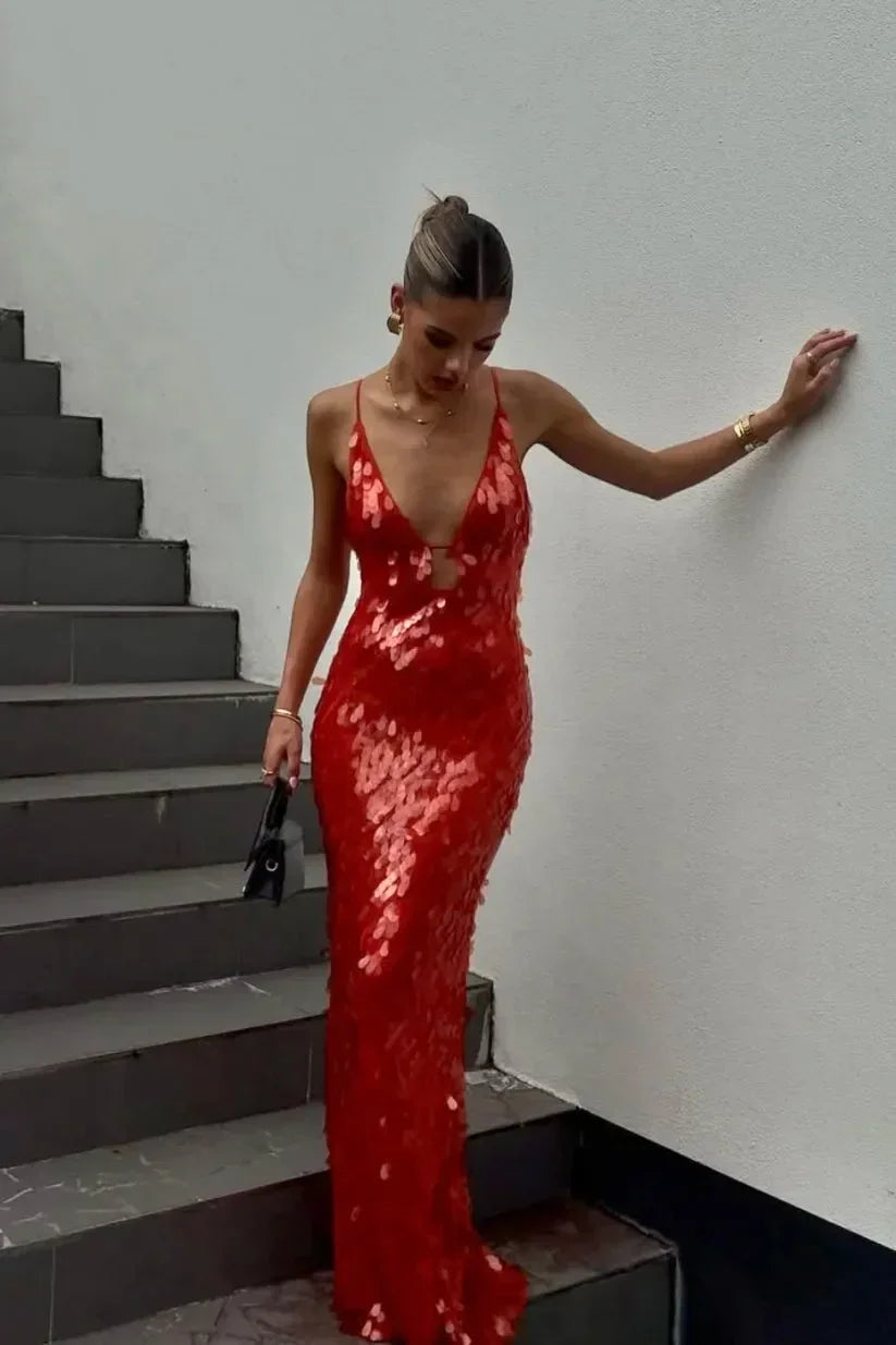 Sequin Maxi Dress with Spaghetti Straps for Women
