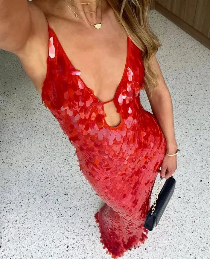 Sequin Maxi Dress with Spaghetti Straps for Women