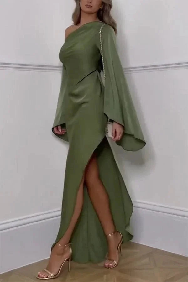 Long Satin Evening Dress with Off Shoulder Design