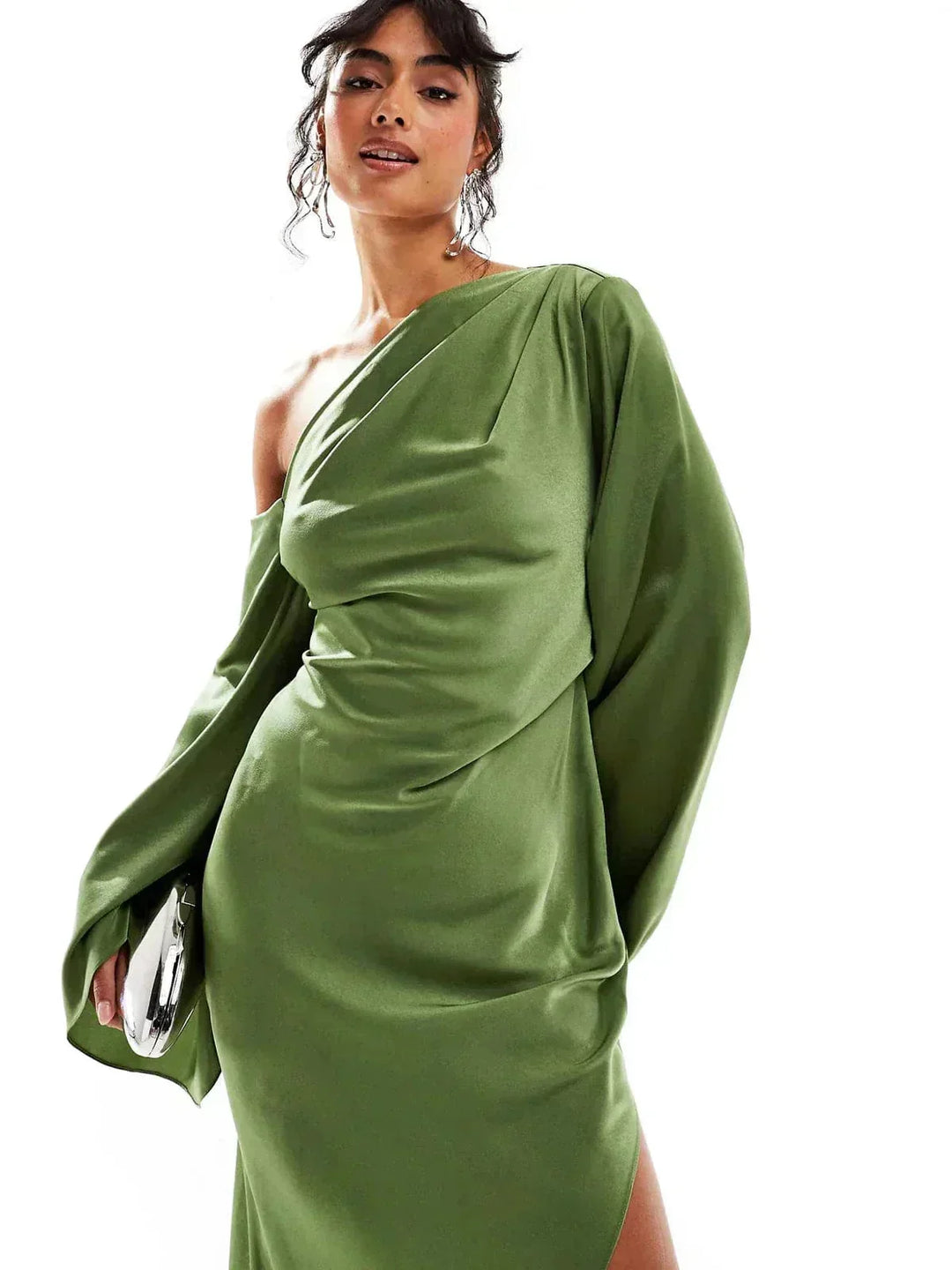Long Satin Evening Dress with Off Shoulder Design