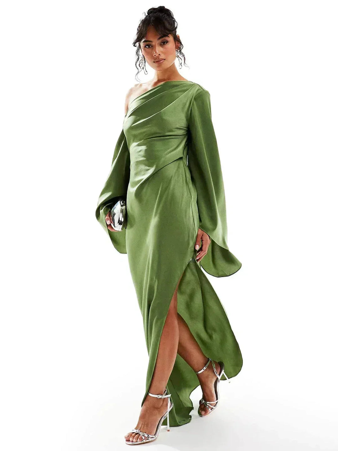 Long Satin Evening Dress with Off Shoulder Design