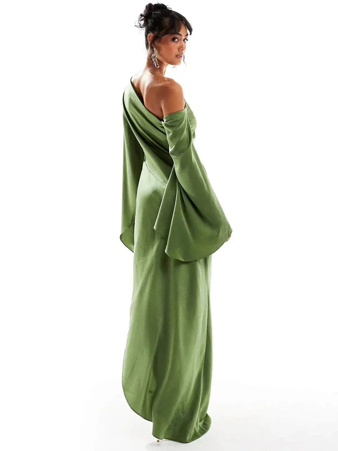 Long Satin Evening Dress with Off Shoulder Design