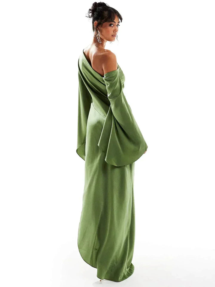 Long Satin Evening Dress with Off Shoulder Design