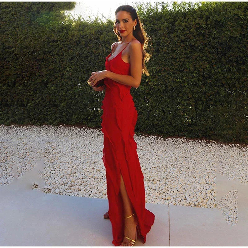 Asymmetrical Maxi Dress with Ruffle Detail and Thin Straps for Women