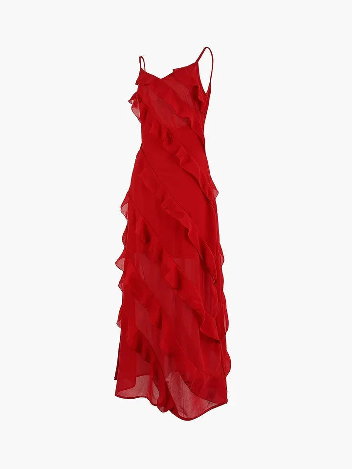 Asymmetrical Maxi Dress with Ruffle Detail and Thin Straps for Women