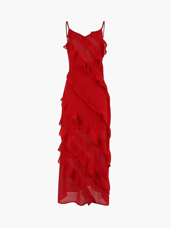 Asymmetrical Maxi Dress with Ruffle Detail and Thin Straps for Women