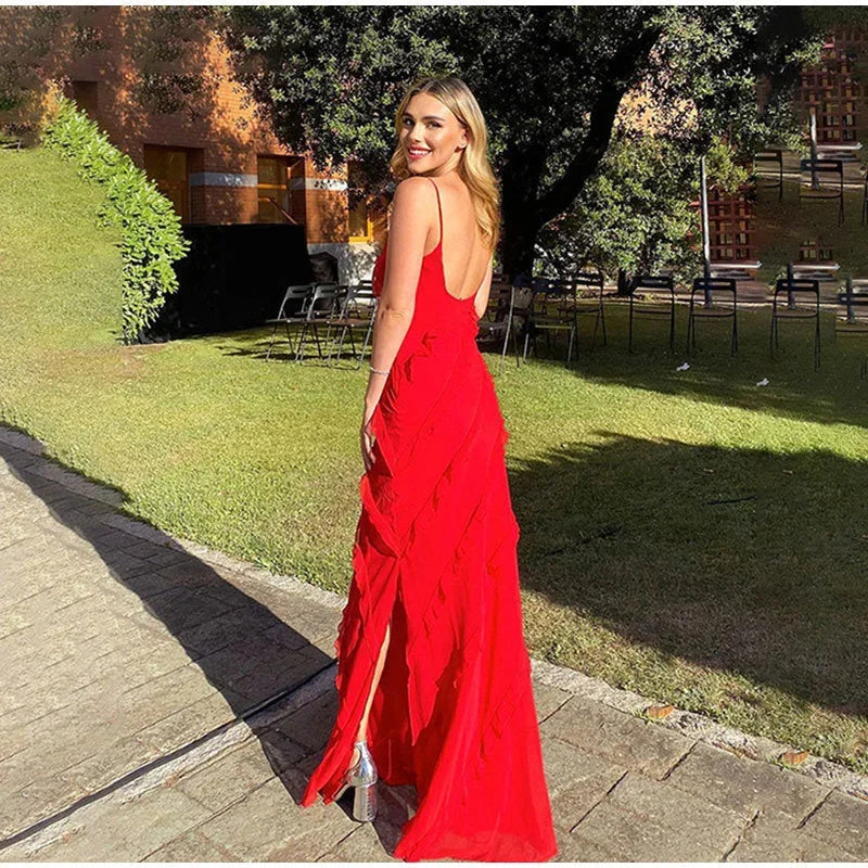 Asymmetrical Maxi Dress with Ruffle Detail and Thin Straps for Women