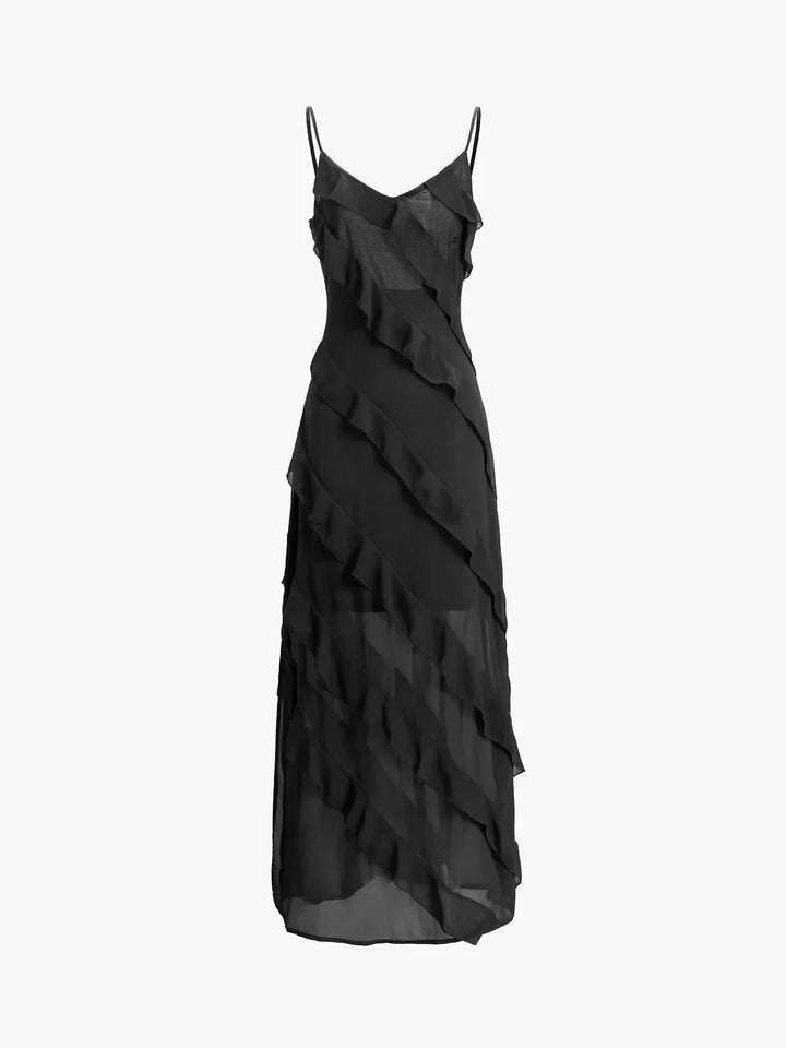 Asymmetrical Maxi Dress with Ruffle Detail and Thin Straps for Women