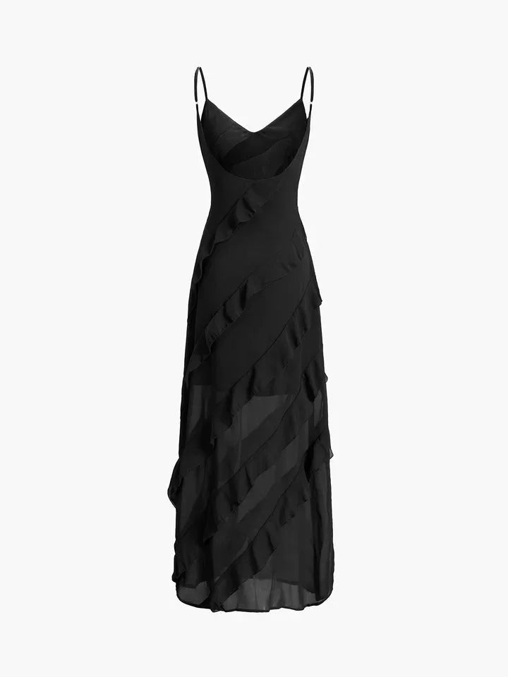Asymmetrical Maxi Dress with Ruffle Detail and Thin Straps for Women