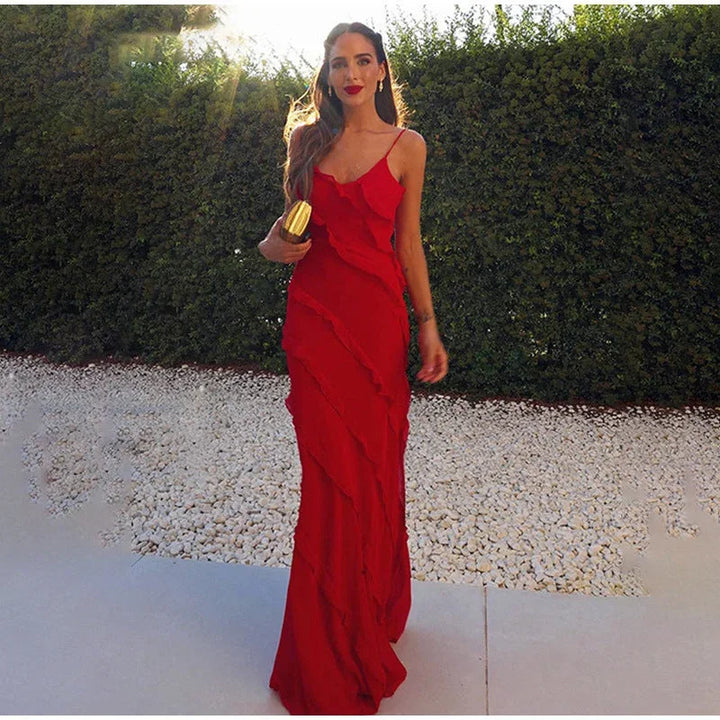 Asymmetrical Maxi Dress with Ruffle Detail and Thin Straps for Women