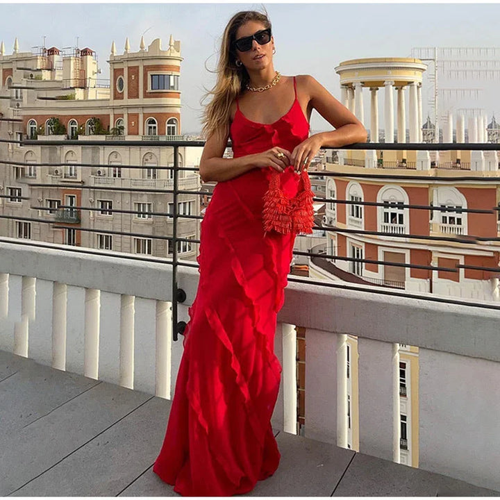 Asymmetrical Maxi Dress with Ruffle Detail and Thin Straps for Women