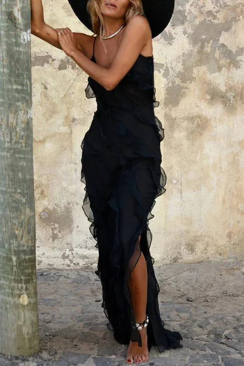 Sleeveless Maxi Dress with Ruffle Slit for Women