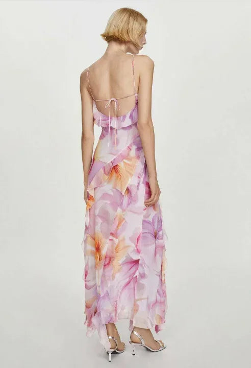 Midi Dress for Women with Ruffles and Thin Straps