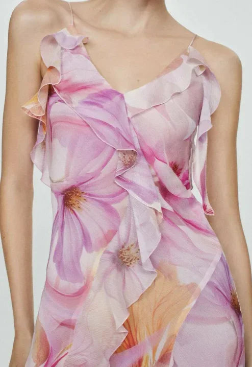 Midi Dress for Women with Ruffles and Thin Straps