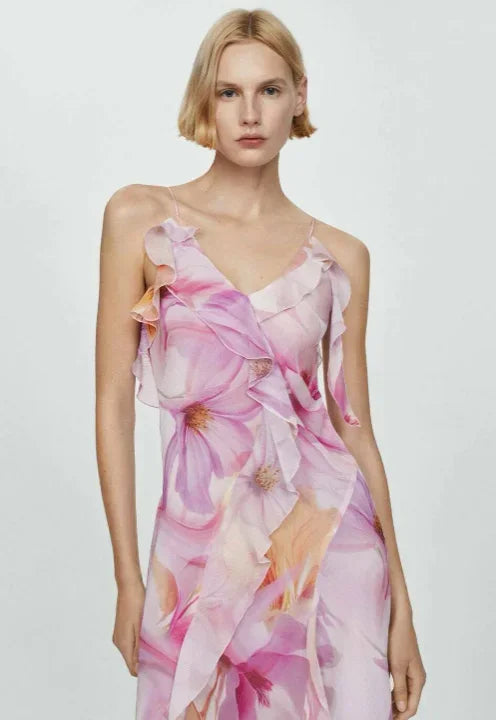 Midi Dress for Women with Ruffles and Thin Straps