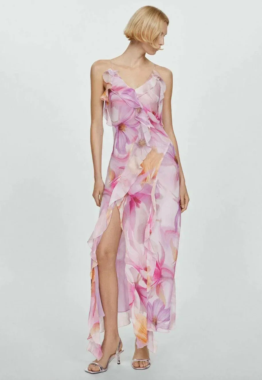 Midi Dress for Women with Ruffles and Thin Straps