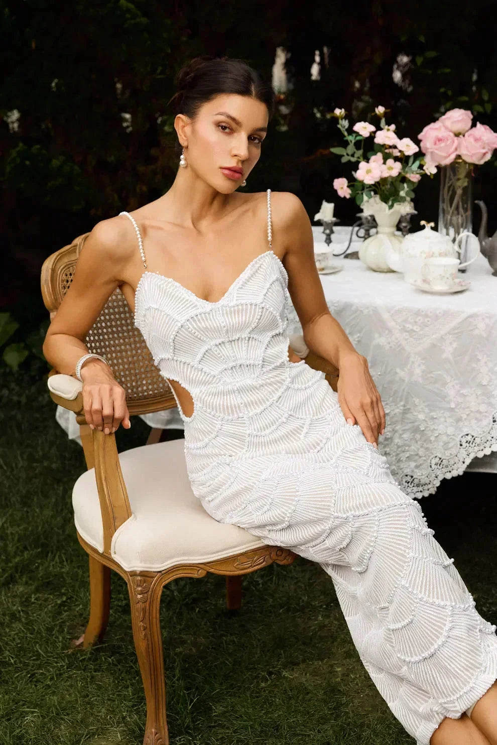 White Midi Dress for Women with Sequins and Cutout Design