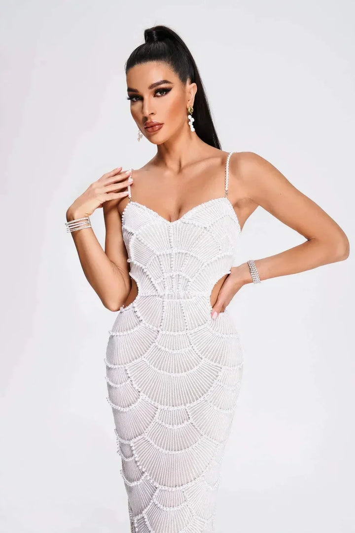 White Midi Dress for Women with Sequins and Cutout Design
