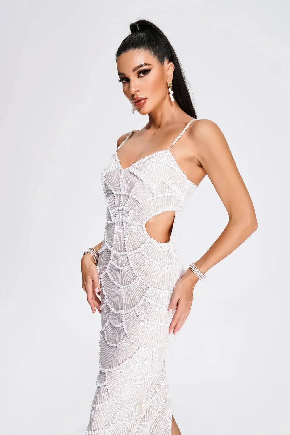 White Midi Dress for Women with Sequins and Cutout Design