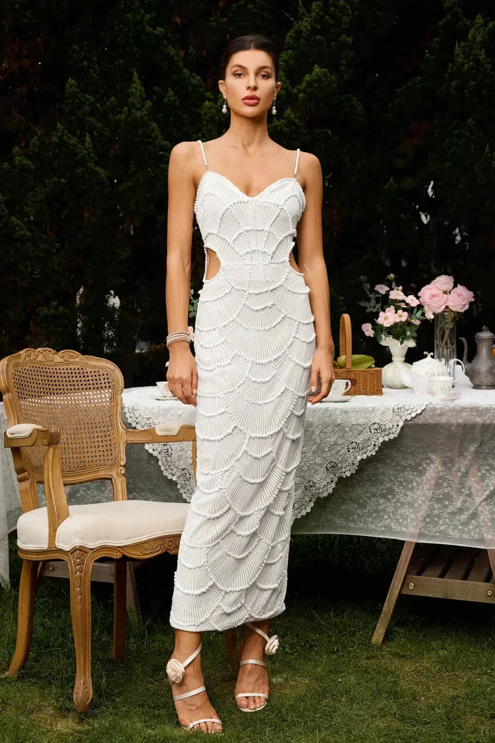 White Midi Dress for Women with Sequins and Cutout Design