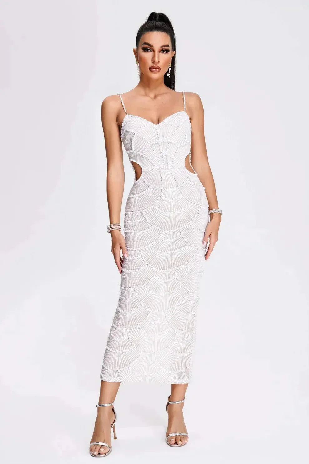 White Midi Dress for Women with Sequins and Cutout Design