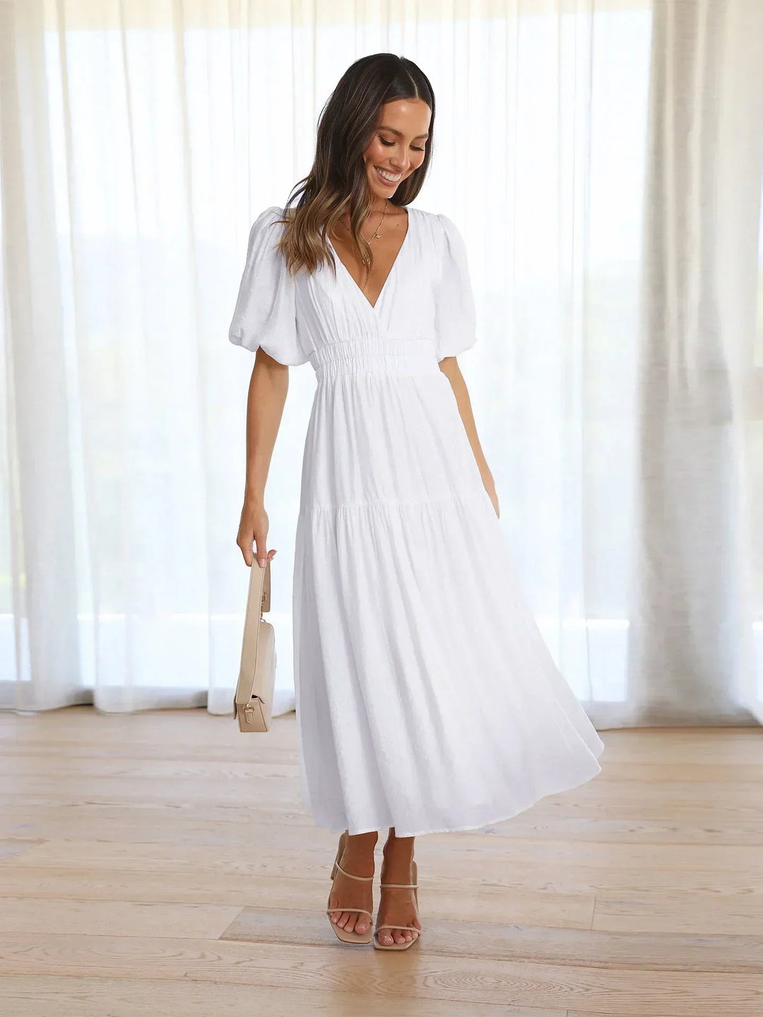 Womens Midi Dress with V Neck and Short Sleeves