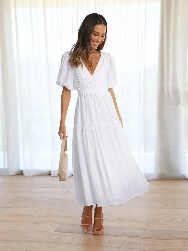 Womens Midi Dress with V Neck and Short Sleeves
