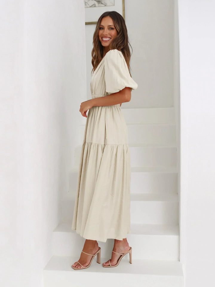 Womens Midi Dress with V Neck and Short Sleeves