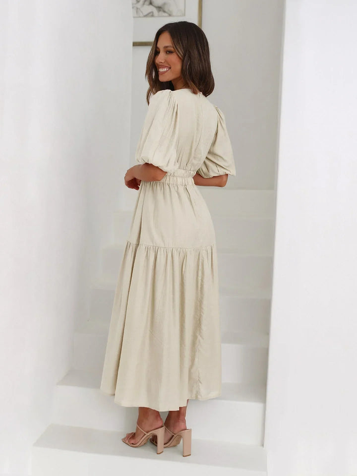 Womens Midi Dress with V Neck and Short Sleeves
