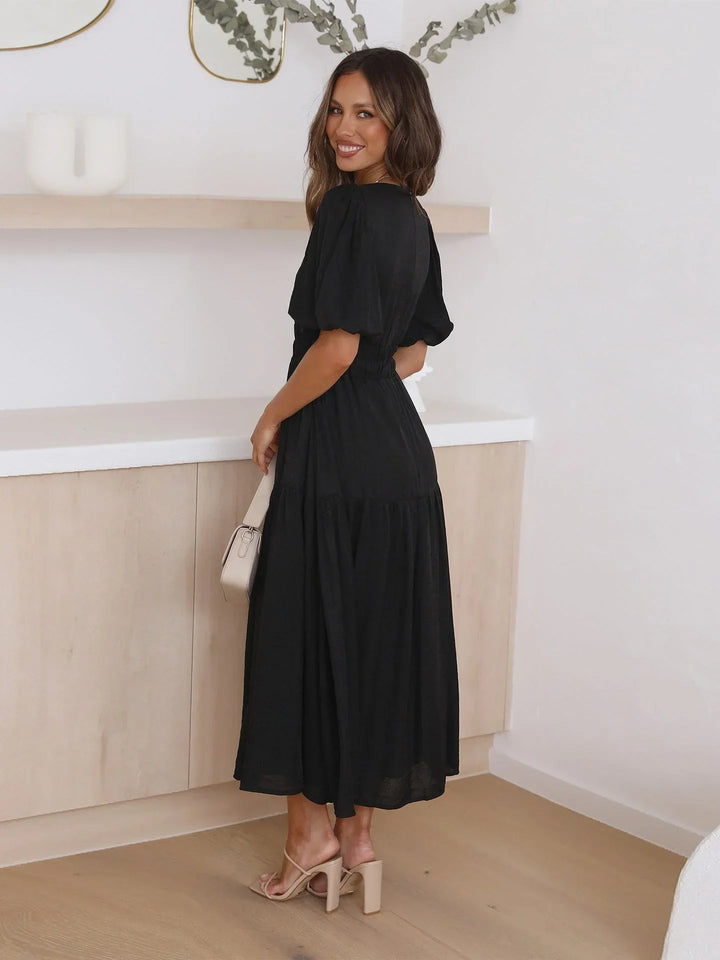 Womens Midi Dress with V Neck and Short Sleeves