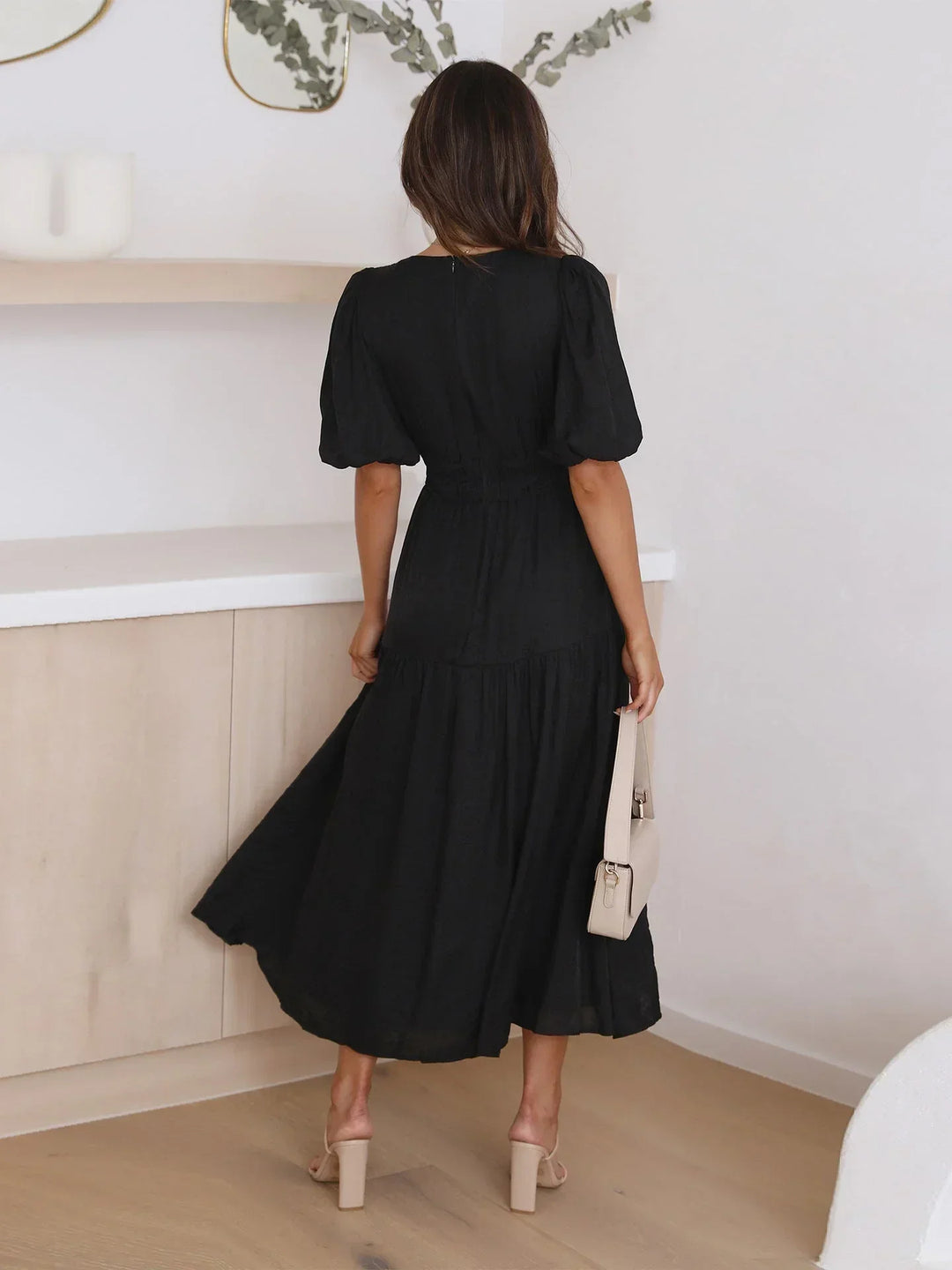 Womens Midi Dress with V Neck and Short Sleeves
