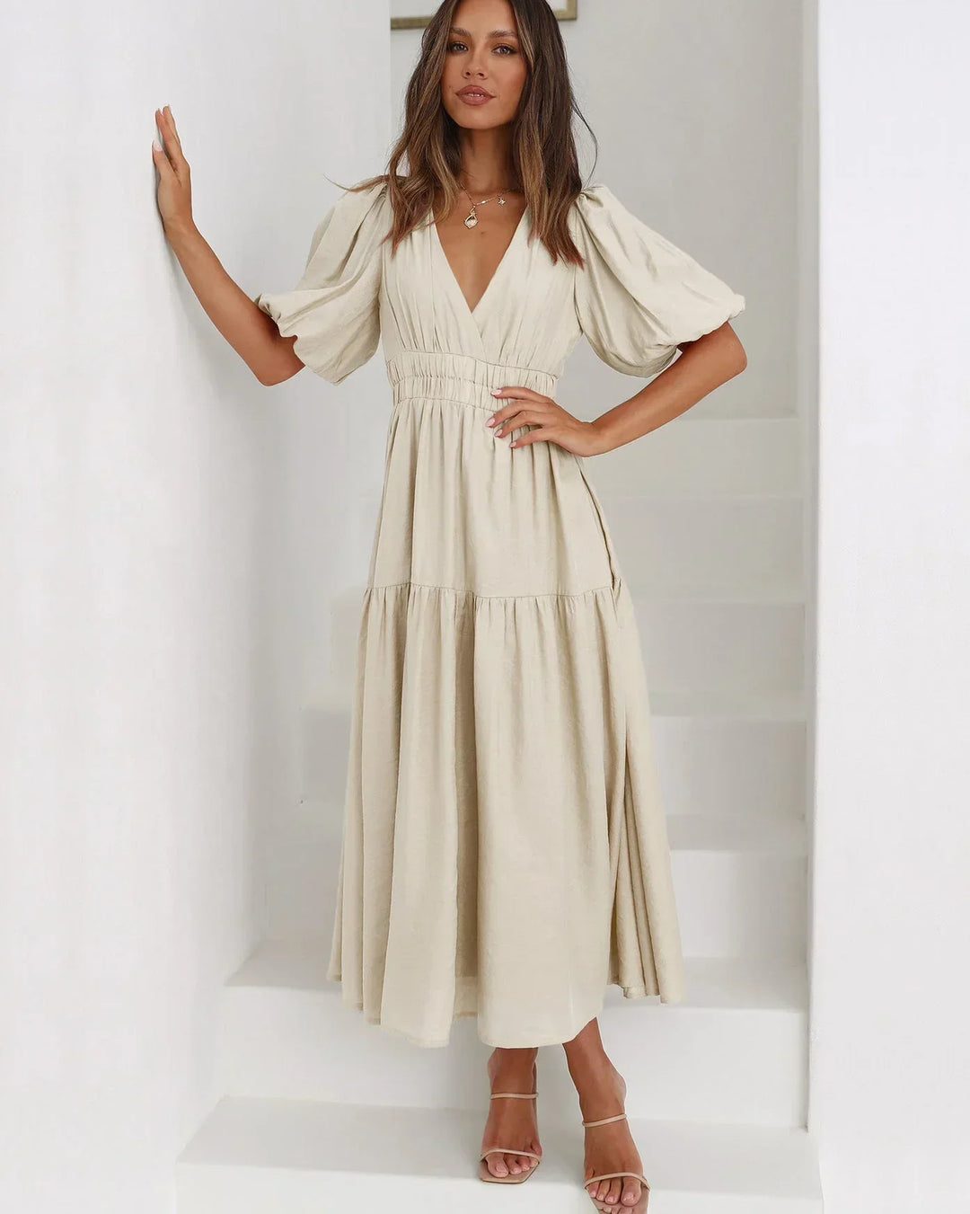 Womens Midi Dress with V Neck and Short Sleeves
