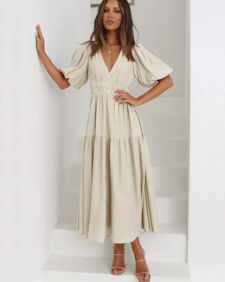 Womens Midi Dress with V Neck and Short Sleeves