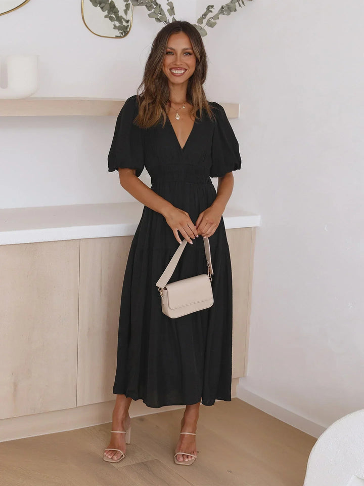 Womens Midi Dress with V Neck and Short Sleeves