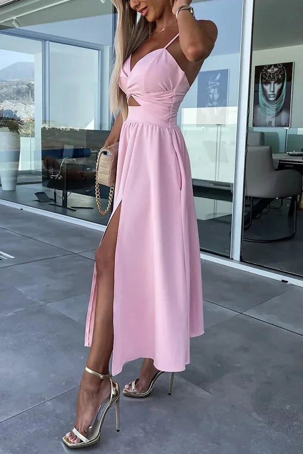 Midi Dress for Women with Crossed Design, Straps and Front Slit