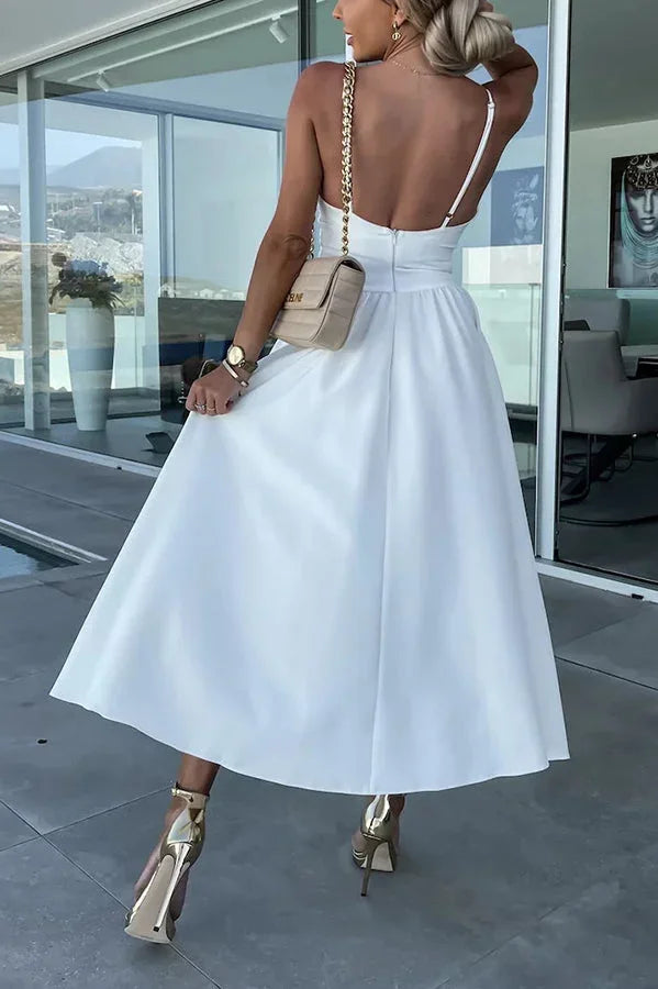 Midi Dress for Women with Crossed Design, Straps and Front Slit