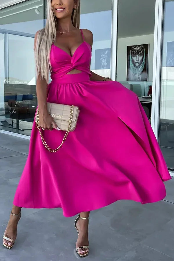 Midi Dress for Women with Crossed Design, Straps and Front Slit