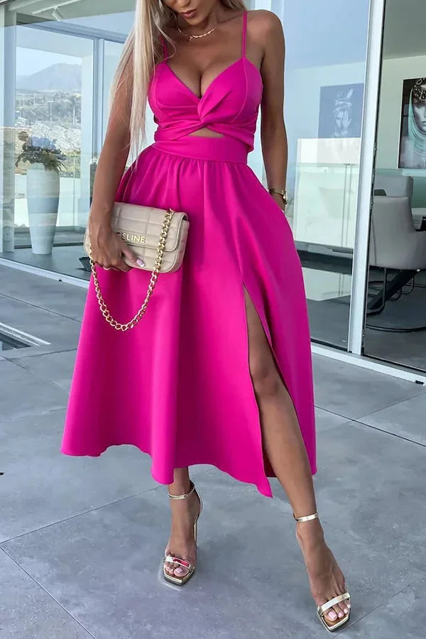 Midi Dress for Women with Crossed Design, Straps and Front Slit