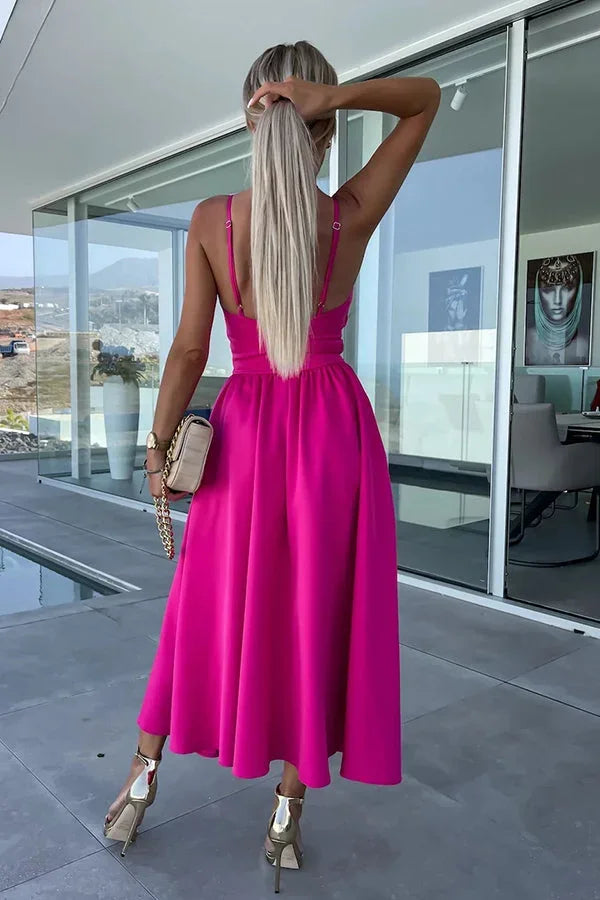 Midi Dress for Women with Crossed Design, Straps and Front Slit