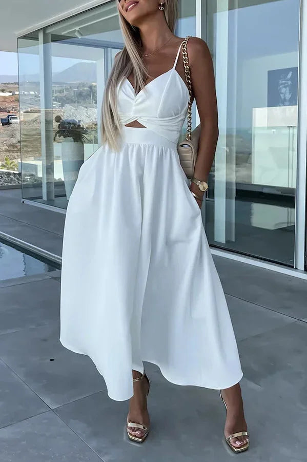 Midi Dress for Women with Crossed Design, Straps and Front Slit