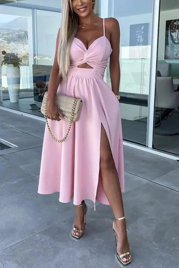 Midi Dress for Women with Crossed Design, Straps and Front Slit